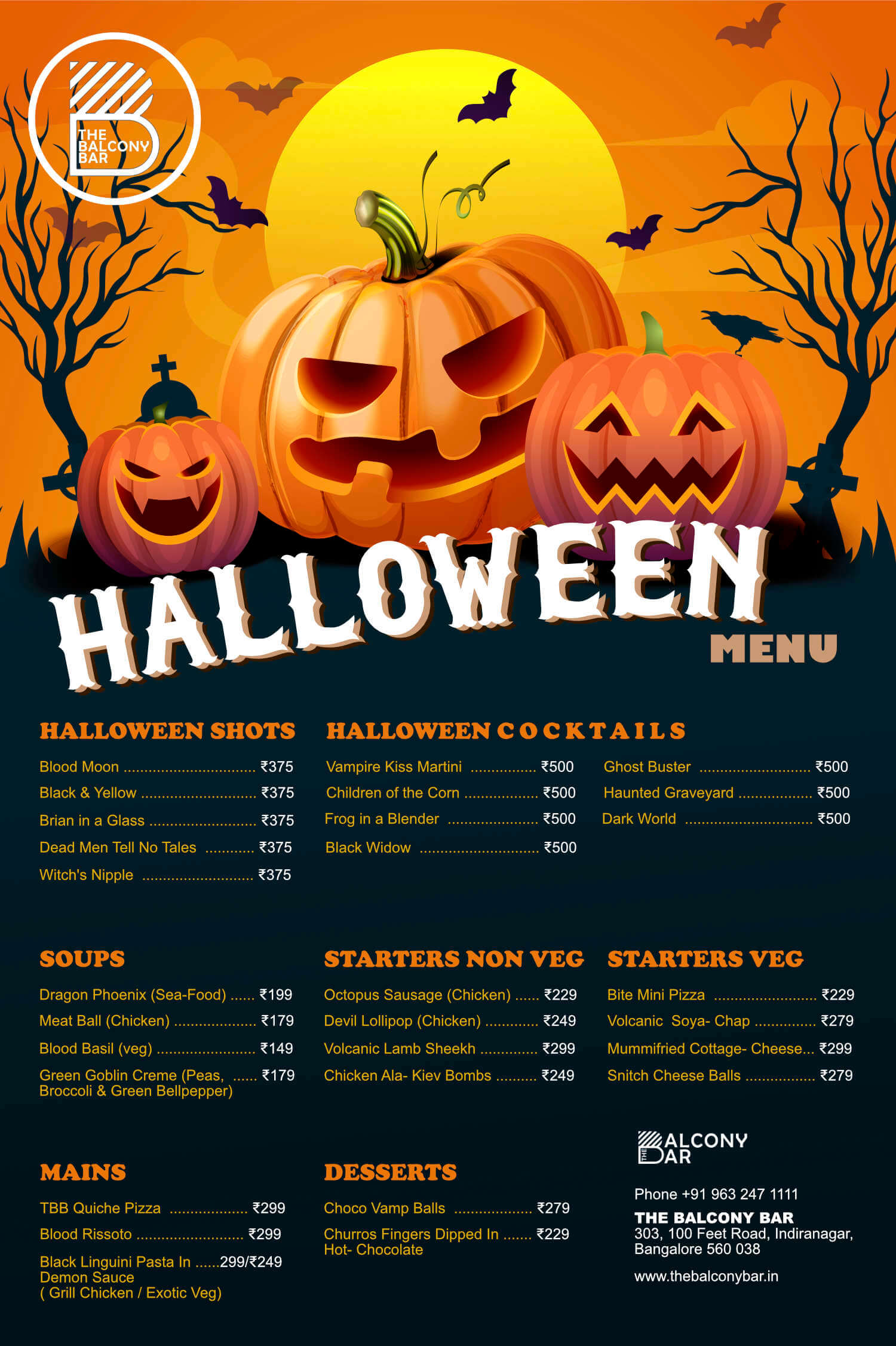 Halloween Menu for Bangalore Nightclub